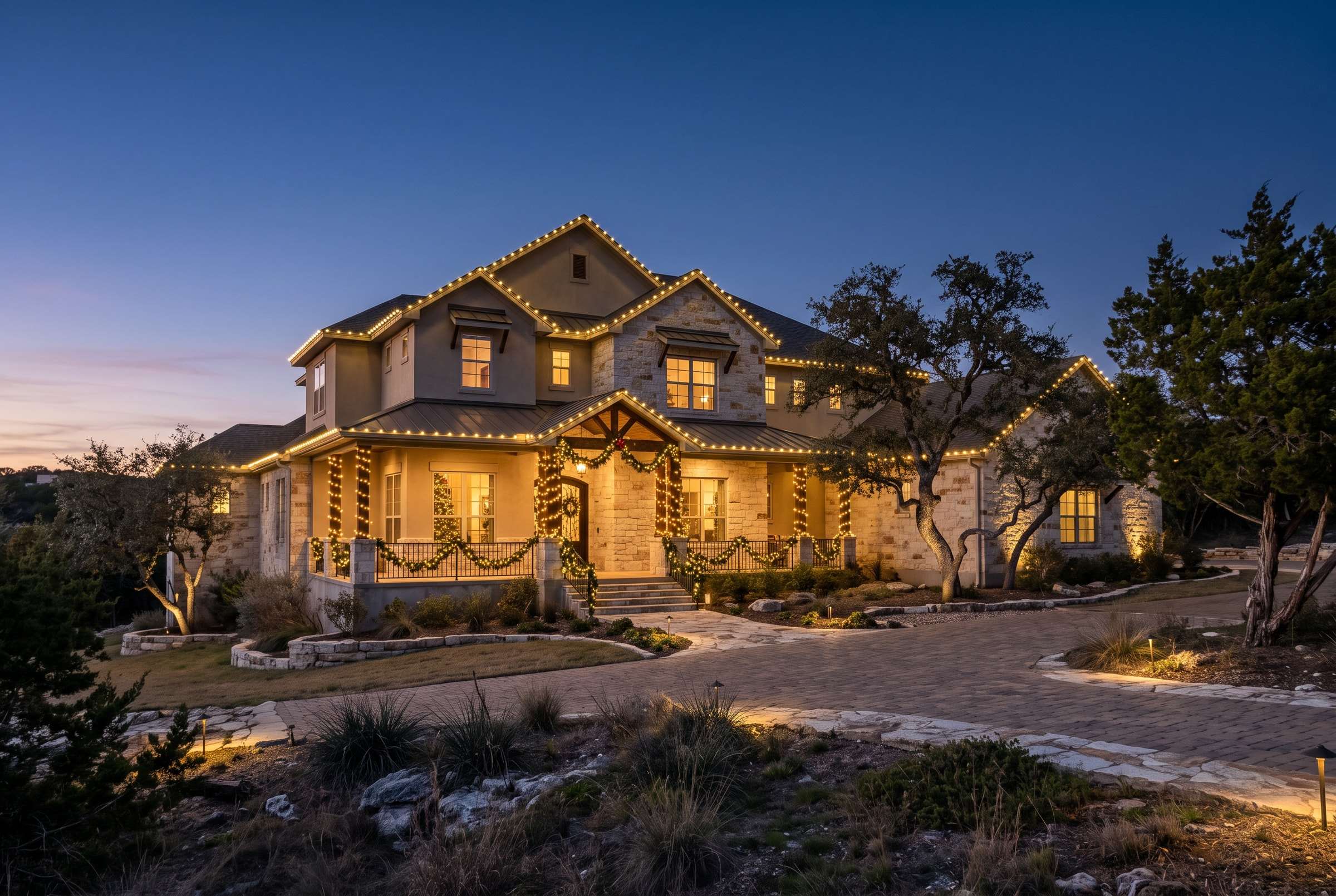 Two-story stone and stucco home with a layered lit roofline, wrapped porch columns and lit garland at the entry