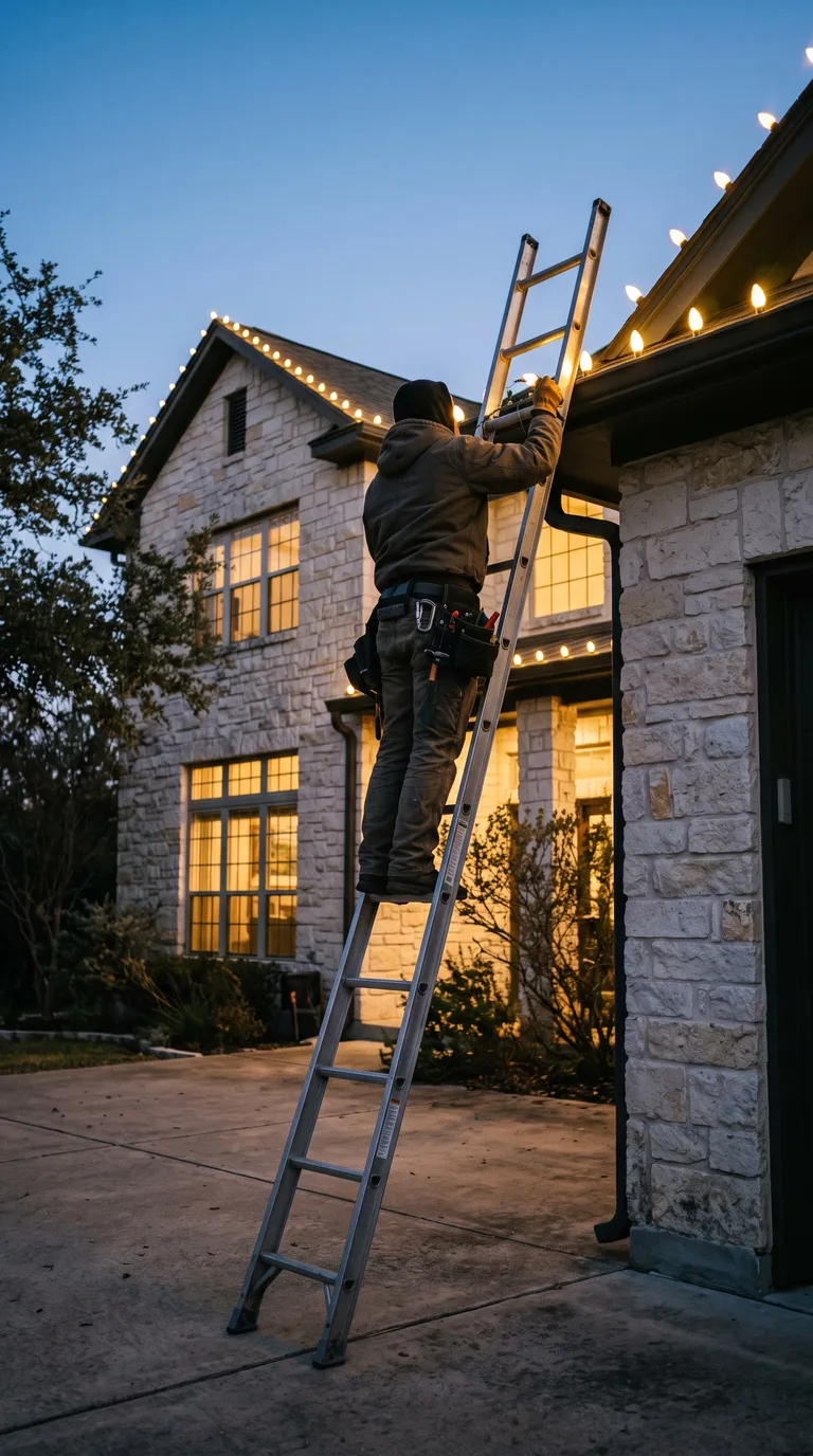 Installer on a ladder set against the gutter, clipping warm white bulbs along the roofline of a limestone home at dusk