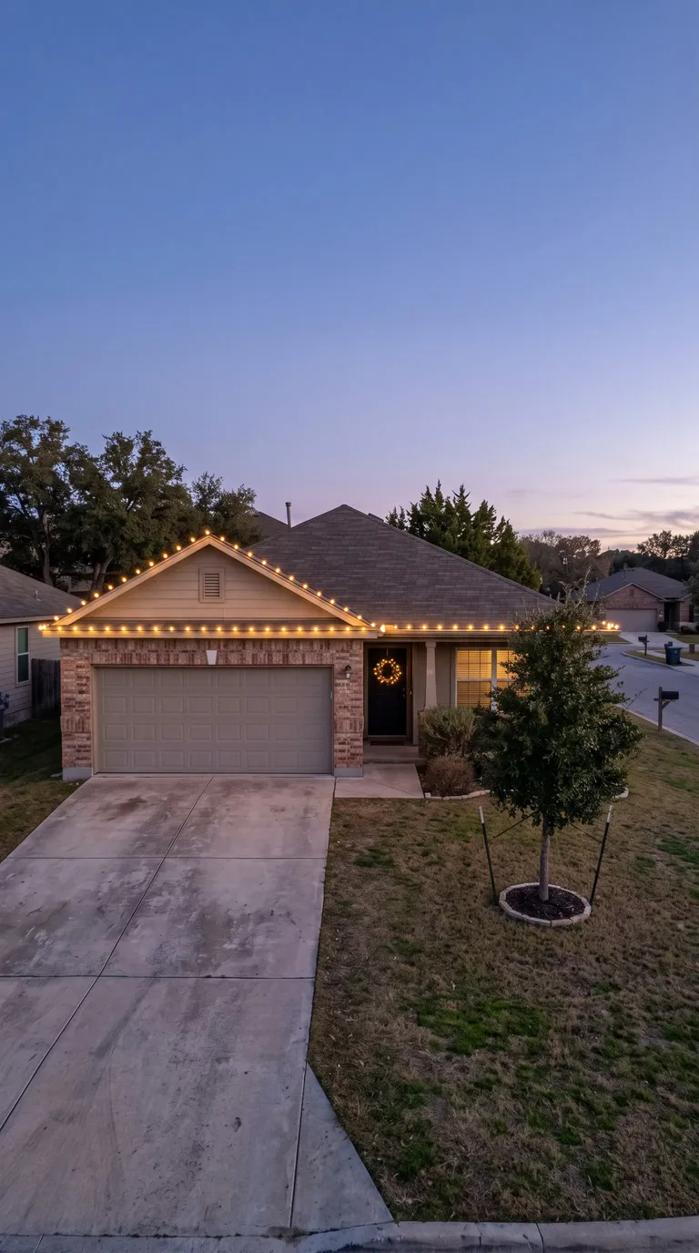 Single-story brick home in a Hill Country neighborhood at blue hour with warm white C9 bulbs along the roofline and garage