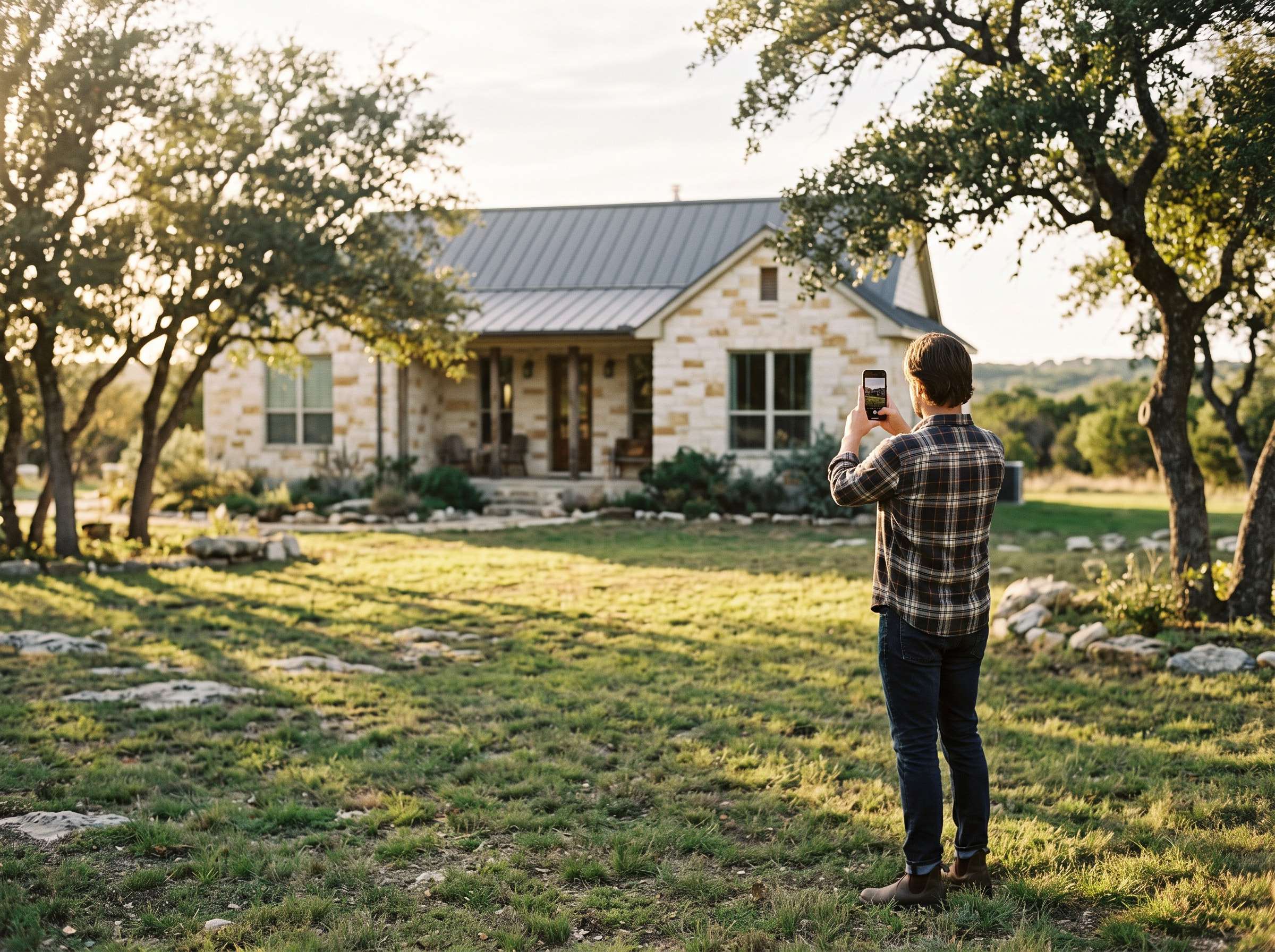Homeowner on the front lawn taking a photo of their house with a phone