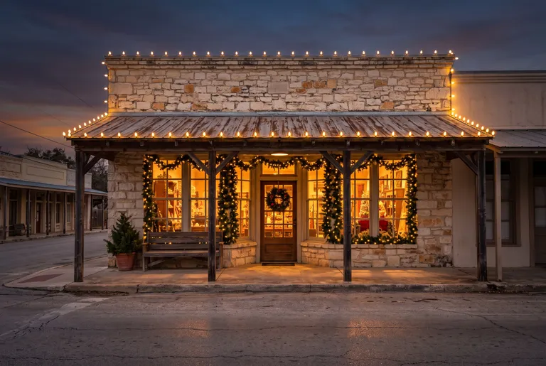 One-story limestone storefront with a wooden awning lit with warm white C9 bulbs and garland around the windows at dusk