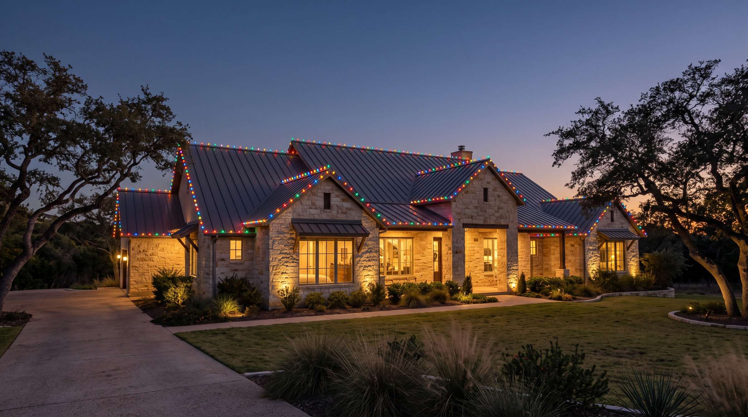 Limestone ranch home at dusk with a multicolor C9 roofline