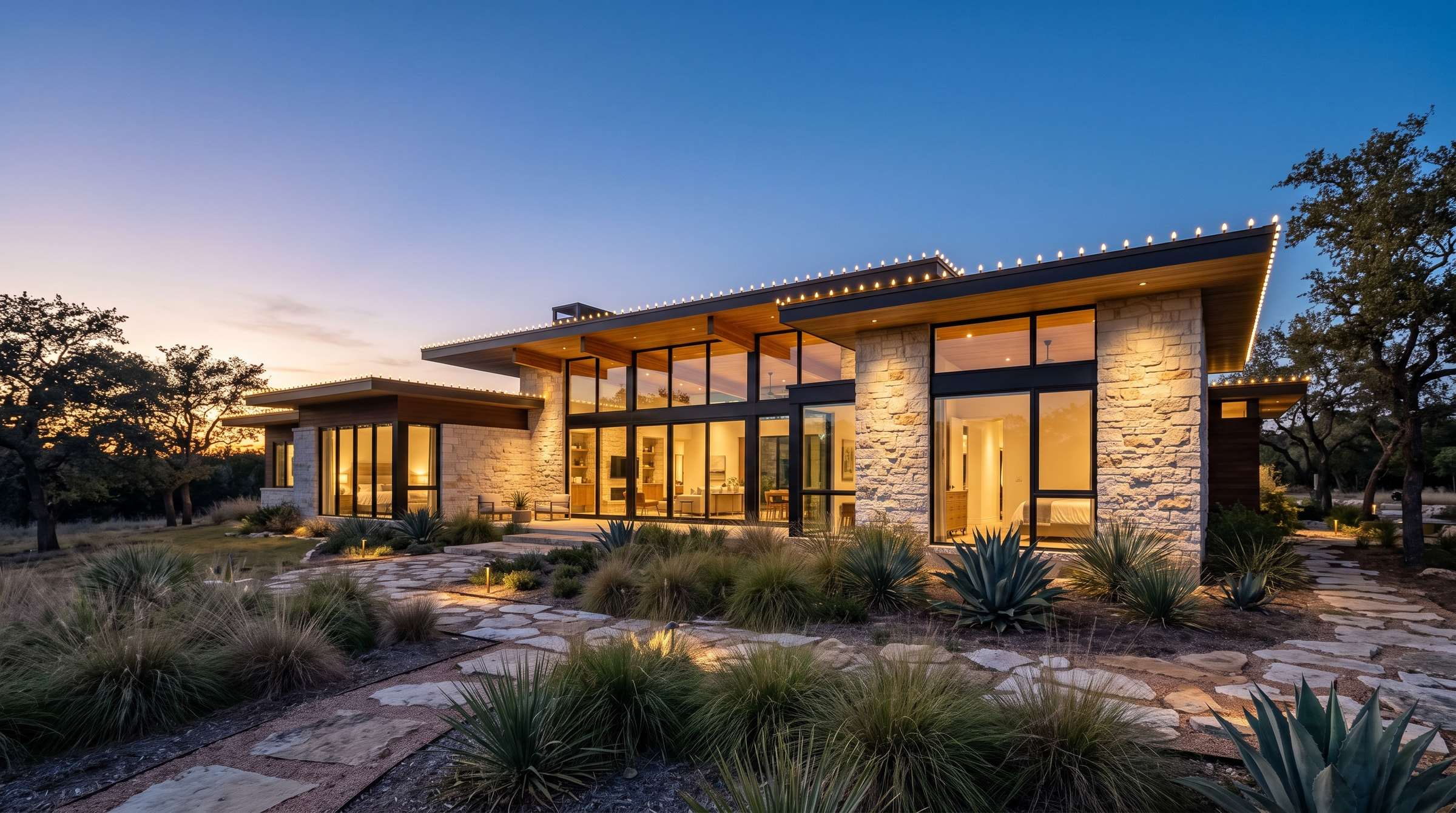 Modern limestone and steel home with only its roof edges outlined in warm white lights