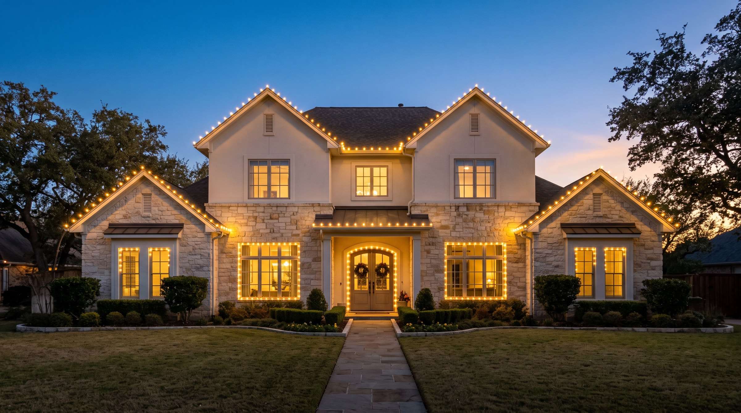 Two-story limestone farmhouse with windows and door outlined in warm white C7 bulbs