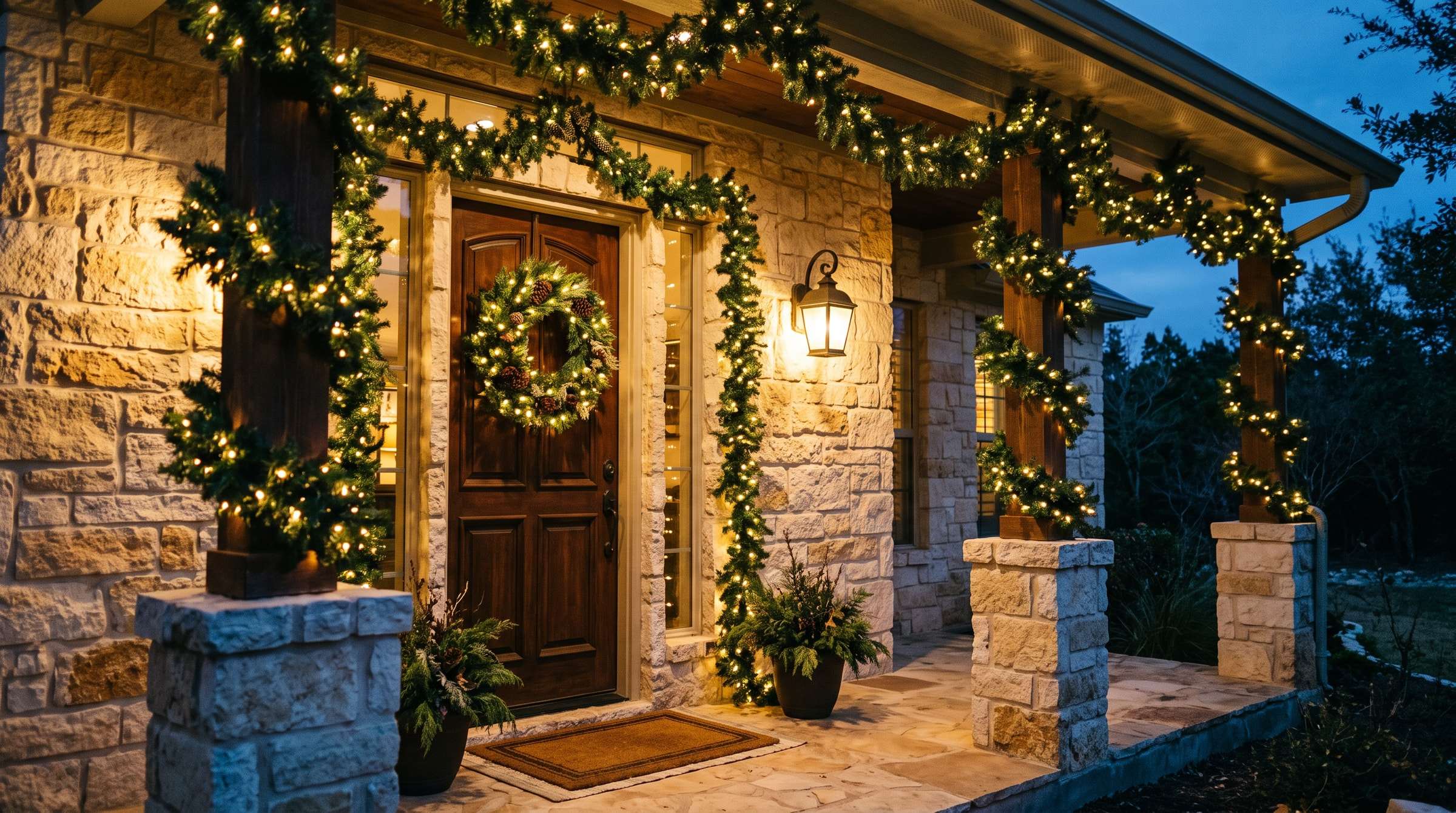 Stone home entry with lit garland around the door and columns and a large lit wreath