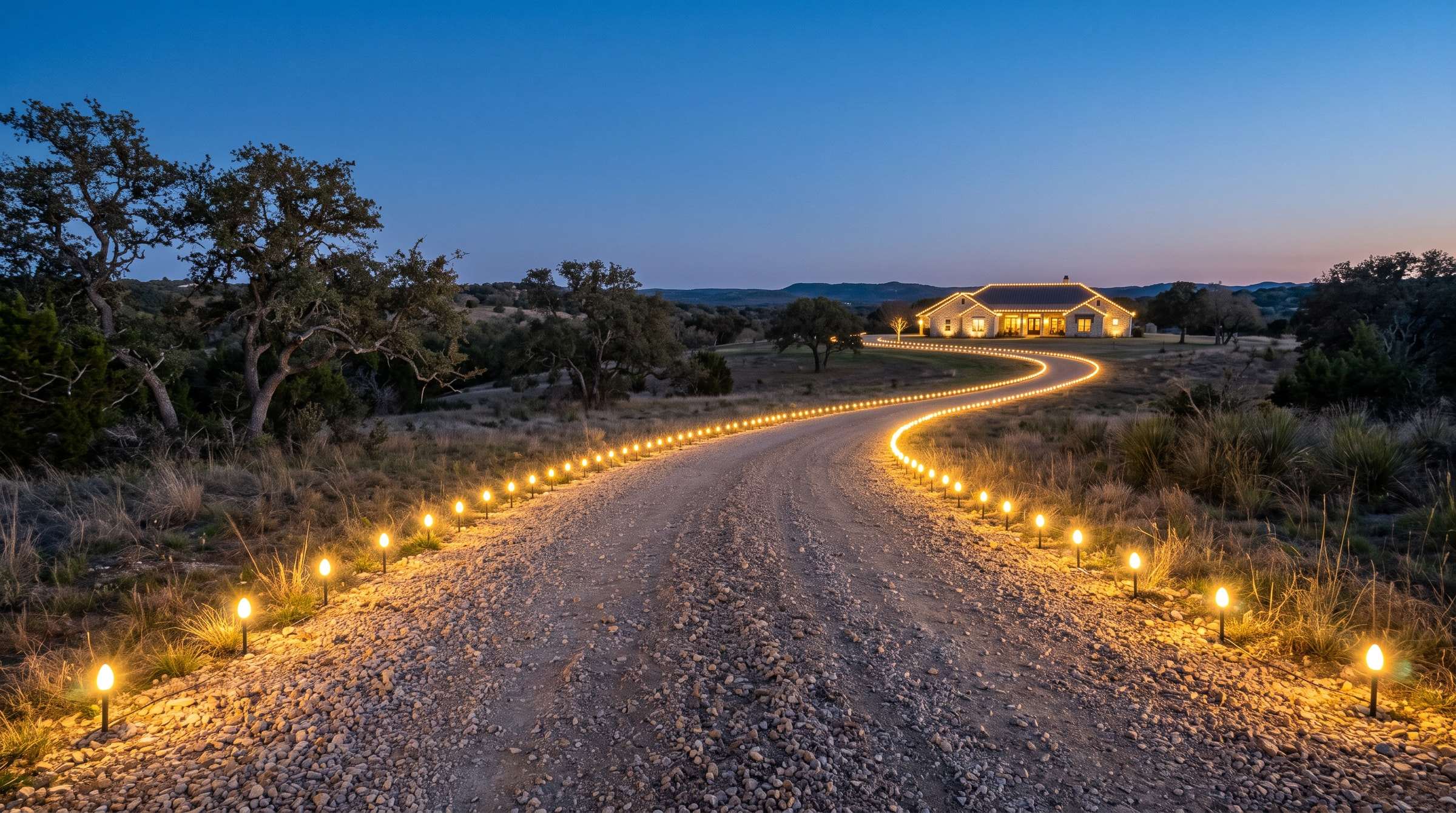 Curving gravel drive lined with warm white bulbs on stakes leading to a lit ranch house