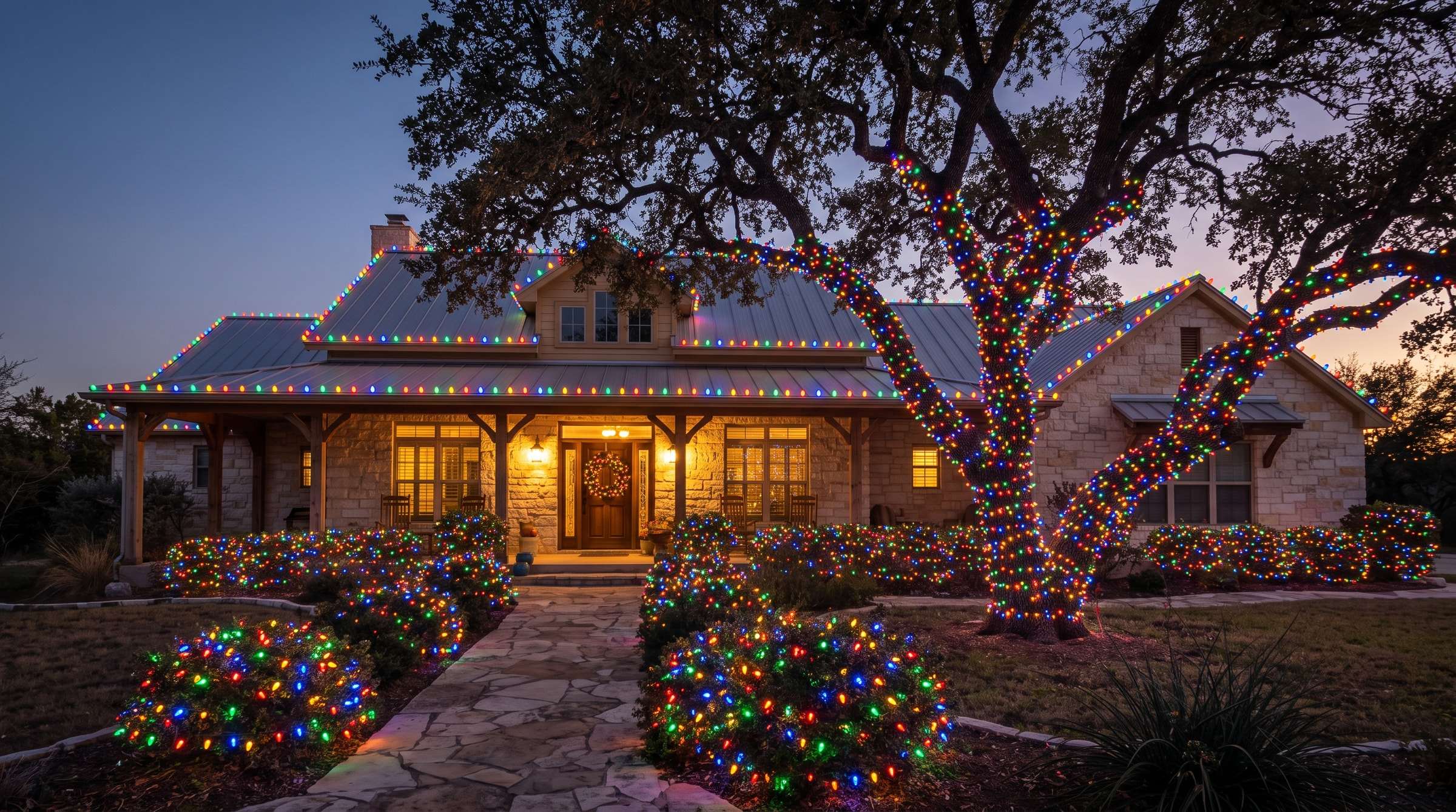 Live oak with trunk and limbs wrapped in multicolor lights in front of a stone home with lit shrubs and wreath